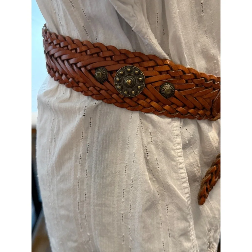 DKNY 90's Leather Braided Woven Belt Brown Brass Concho Studded M/L Western